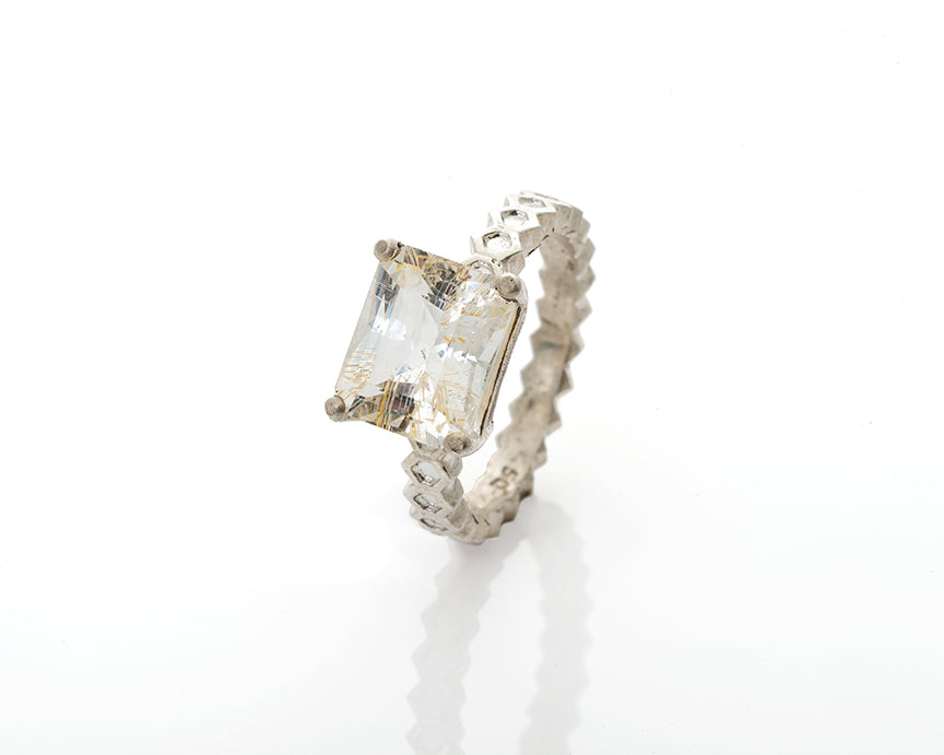 emerald cut, rutilated topaz, rutile, sparkly, bespoke, honeycomb band, solitaire, rutilated quartz ring, emerald cut included quartz solid silver honeycomb cocktail ring by artist Peggy Skemp,, geometric design, bee hive ring, sweet gift, emerald cut rutilated quartz