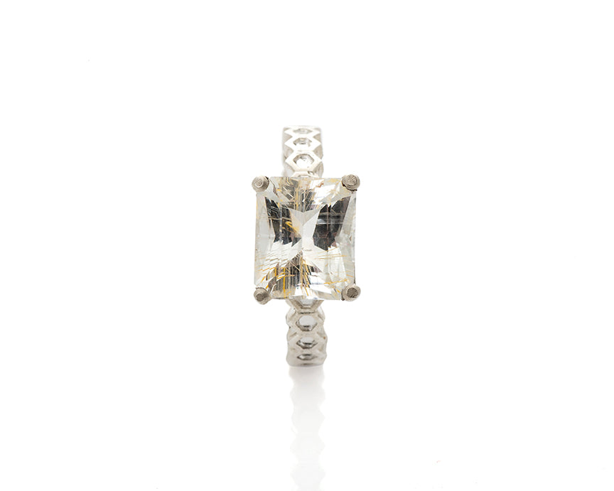 emerald cut, rutilated topaz, rutile, sparkly, bespoke, honeycomb band, solitaire, rutilated quartz ring, emerald cut included quartz solid silver honeycomb cocktail ring by artist Peggy Skemp,, geometric design, bee hive ring, sweet gift, emerald cut rutilated quartz