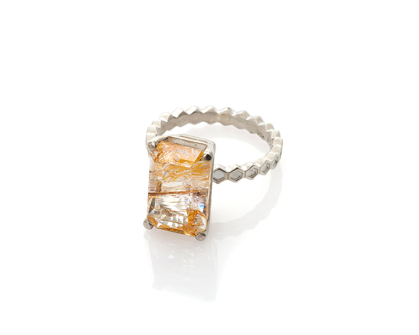 Rutilated Topaz Honeycomb Ring, Rutile, Topaz, November Birthstone, Birthstone Ring, Solitaire Ring, Art Jewelry, Collectible Gemstone, Silver Solitaire, Peggy Skemp Jewelry