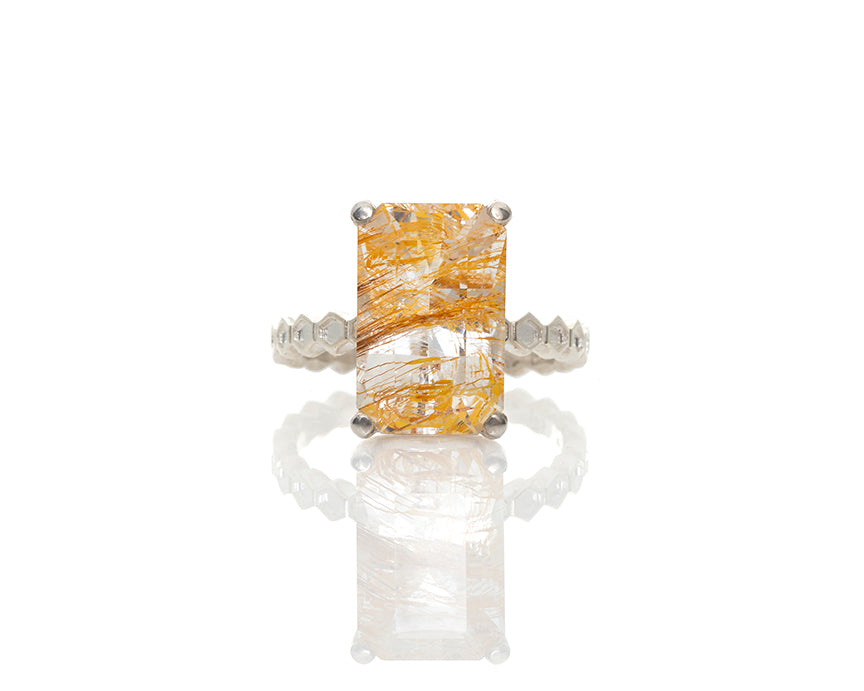 Rutilated Topaz Honeycomb Ring, Rutile, Topaz, November Birthstone, Birthstone Ring, Solitaire Ring, Art Jewelry, Collectible Gemstone, Silver Solitaire, Peggy Skemp Jewelry