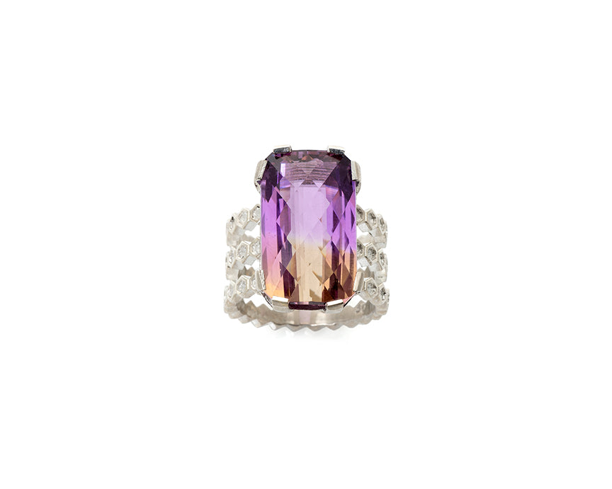 Ametrine ring, geometric design, ametrine, cocktail ring, silver ring, ametrine, checkerboard cut gem, briolette cut gem, peggy skemp jewelry, animal architecture, geometric design, hexagons, hexagon tiles