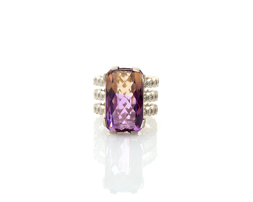 Ametrine ring, geometric design, ametrine, cocktail ring, silver ring, ametrine, checkerboard cut gem, briolette cut gem, peggy skemp jewelry, animal architecture, geometric design, hexagons, hexagon tiles