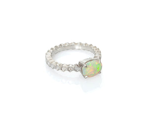 Faceted ethiopian fire opal, oval opal silver honeycomb solitaire ring, claw prongs, opal ring, fiery flashes of green yellow, pink, orange and teal, silver fire opal ring