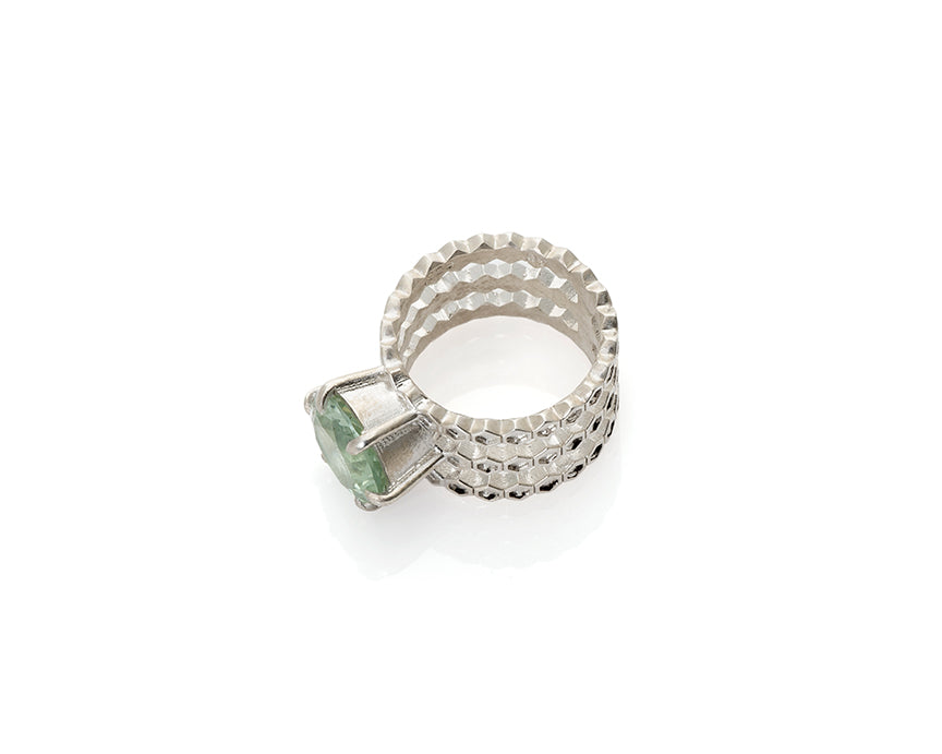 prasiolite, green gem, honeycomb ring, peggy skemp jewelry, silver cocktail ring, gem, jewelry addict, art jewelry