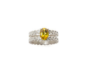 sphene cocktail ring, honeycomb cocktail ring with natural super brilliant sphene gemstone by jewelry artist Peggy Skemp, geometric design, gemstone, sphene jewelry, contemporary jewellery, art jewelry