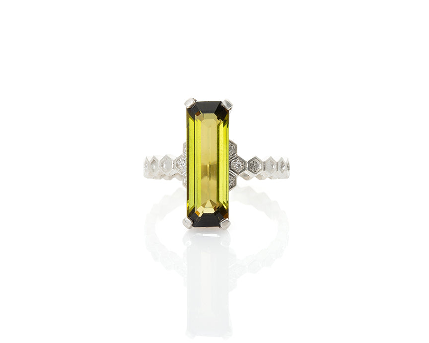 tourmaline, gem, jewelry addict, honeycomb jewelry, conflict free diamonds, sustainable design, peggy skemp jewelry, one of a kind, cocktail ring, statement ring, green tourmaline, anniversary ring, anniversary gift, size 8 ring, geometric design, hexagon design