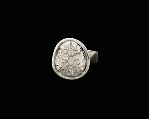 Recycled silver anatomical brain cross section signet ring by Peggy Skemp, with hand engraved cerebellum