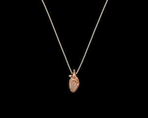 Tiny anatomical heart necklace in carnation pink silver with polished silver chain by Peggy Skemp. This is the back, dorsal, posterior view of the carnation pink silver anatomical heart necklace made by Peggy Skemp. The photo was taken by Rachel Hanel, Chicago IL 2021.