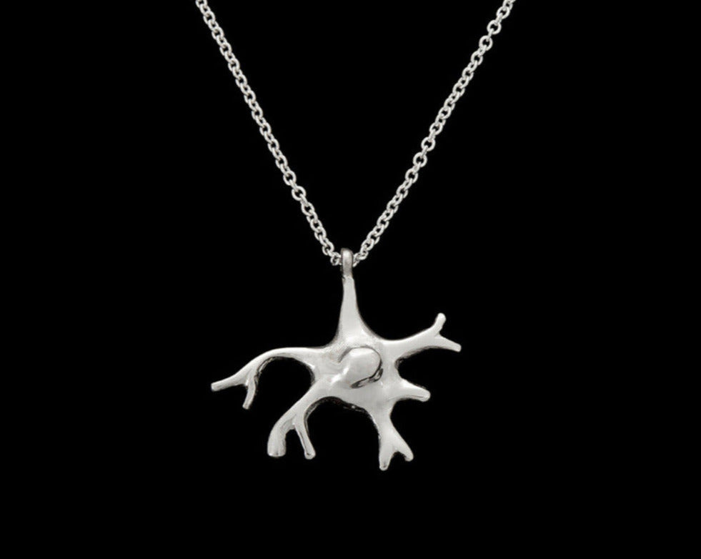 Glial nerve cell necklace in solid silver with bezel set 3mm rainbow moonstone