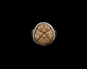 anatomical brain ring with silver band, 14ky gold hand engraved cross section, by Peggy  Skemp