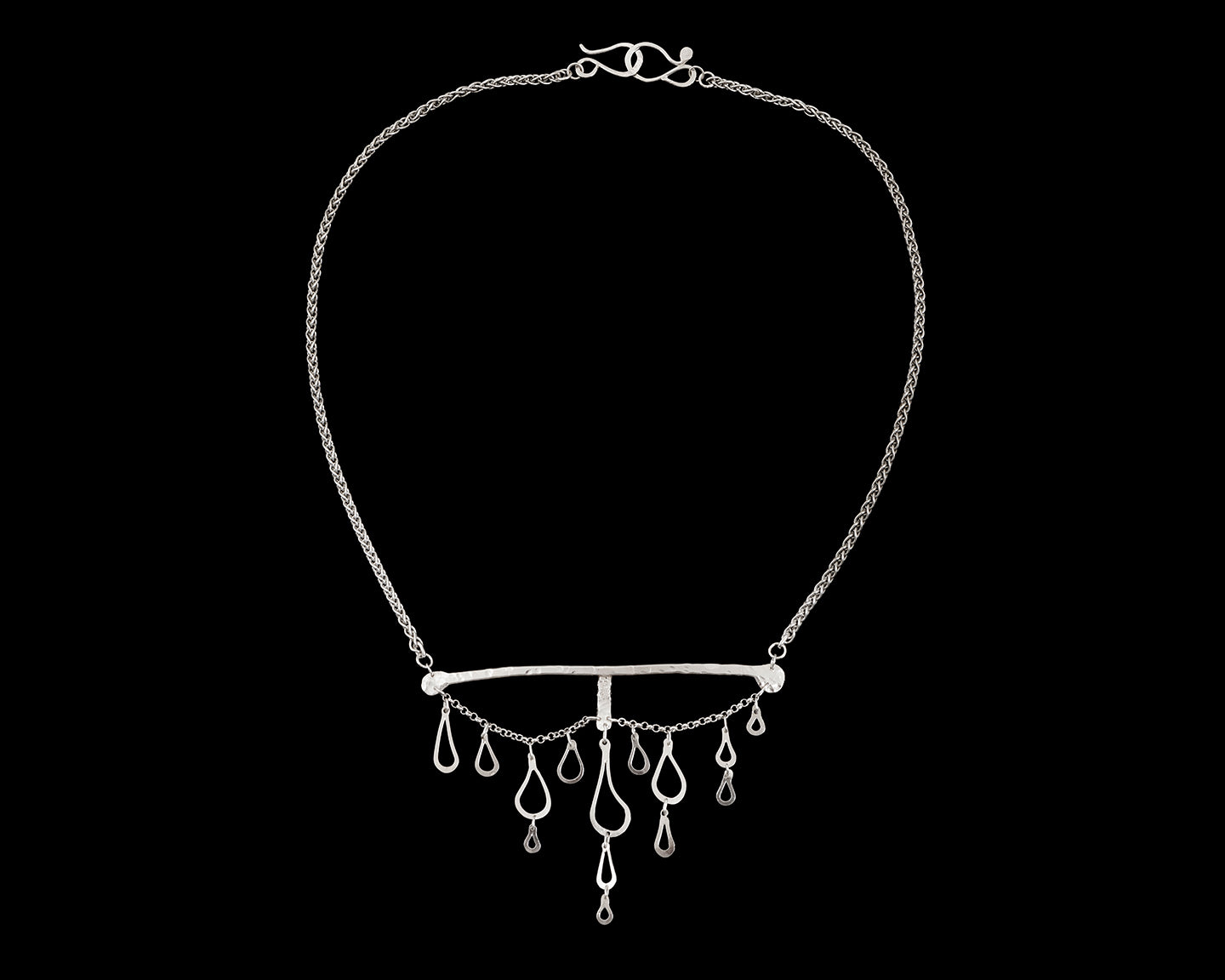 hand forged silver drips necklace on thick silver wheat chain, one of a kind by Peggy Skemp 2021