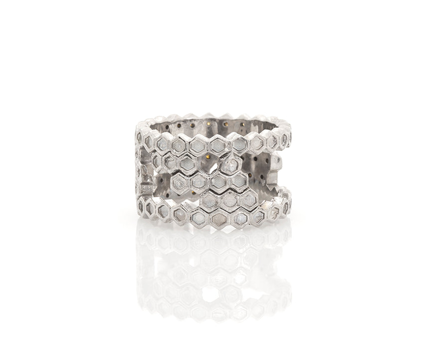 Silver Honeycomb Ring with Yellow Diamonds 2