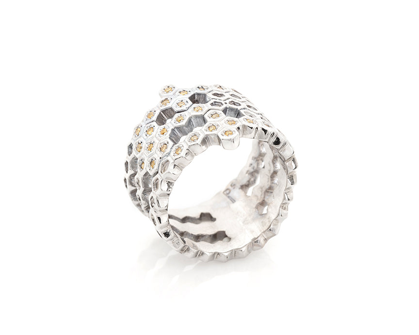 Silver Honeycomb Ring with Yellow Diamonds 1
