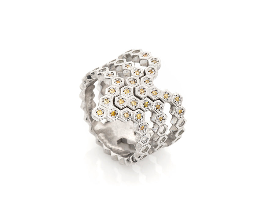 Silver Honeycomb Herringbone Ring With Yellow Diamonds
