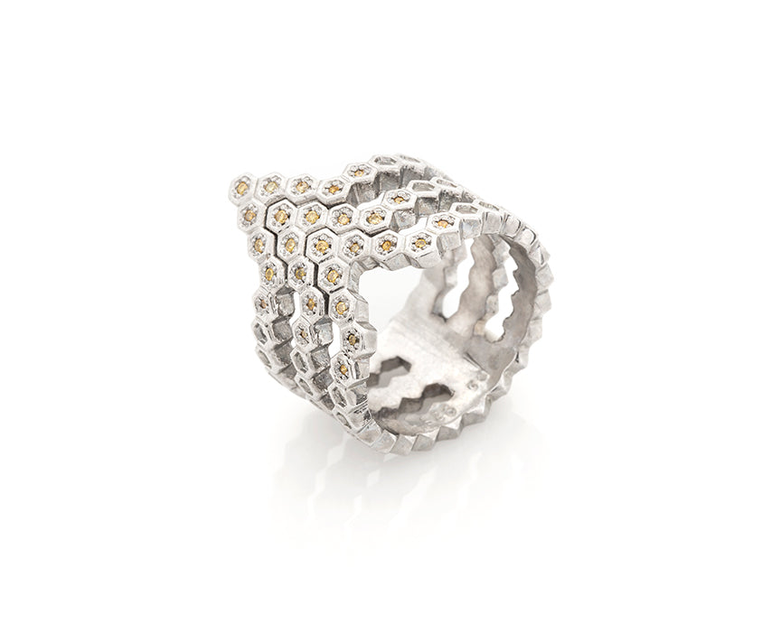Silver Honeycomb Herringbone Ring With Yellow Diamonds