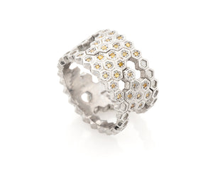 Silver Honeycomb Ring with Yellow Diamonds 2