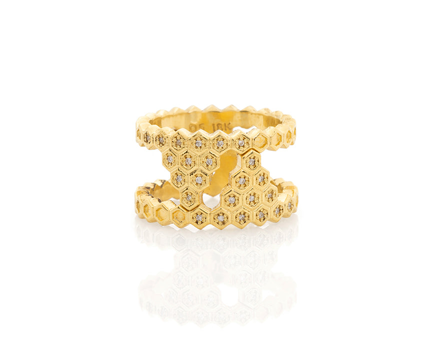 18ky Gold Honeycomb Double Pyramid Ring