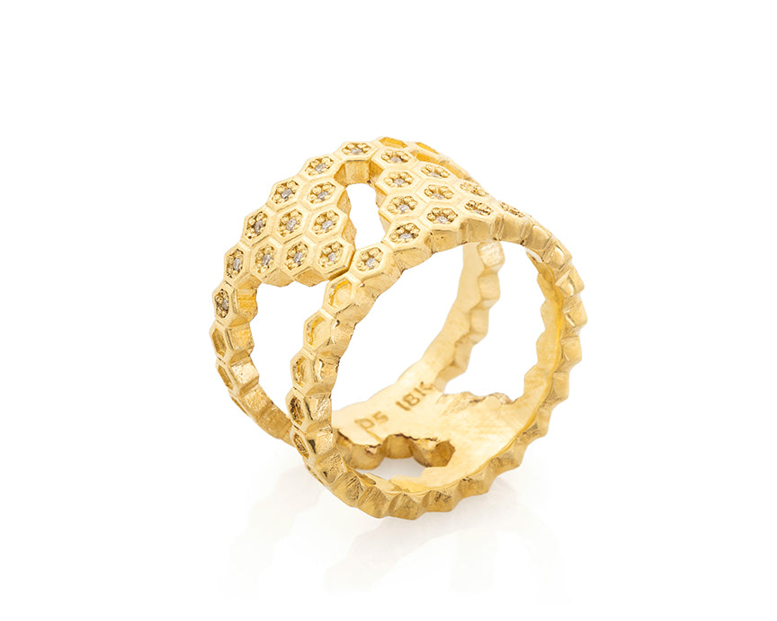 18ky Gold Honeycomb Double Pyramid Ring