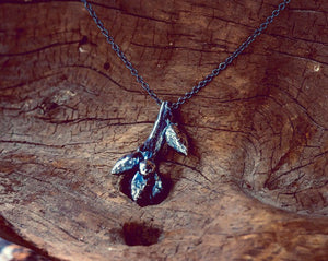 oak sapling spike necklace, solid oxidized silver botanical design, cast from a spring oak branch.