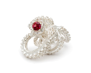 silver tentacle ring with 4mm gem quality electric pink tourmaline