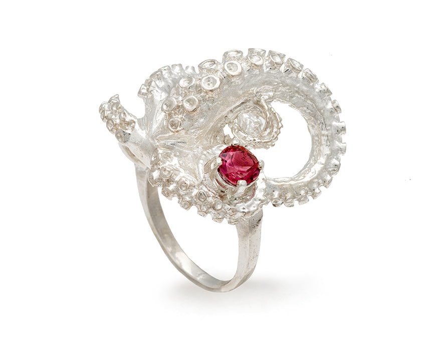 silver tentacle ring with 4mm gem quality electric pink tourmaline