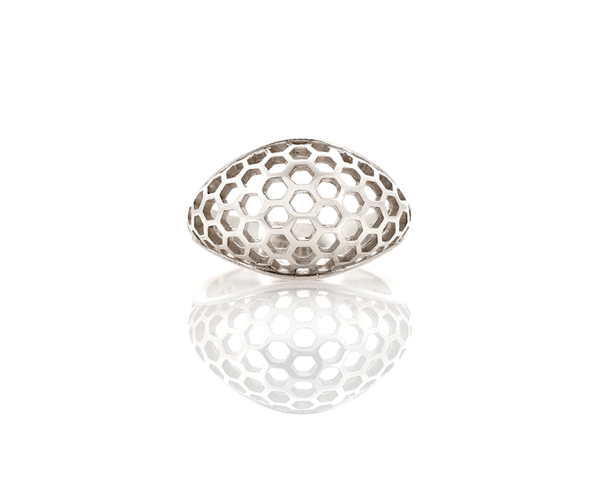 dome ring, honeycomb ring, everyday jewelry, peggy skemp jewelry, geometric ring, classic dome ring, art from nature, sweet gift, honeycomb, chemistry, biology, science ring, r hanel photo, animal architecture, sweet ring, honeycombs, geometric dome ring, driftless, made in the usa, wisconsin made
