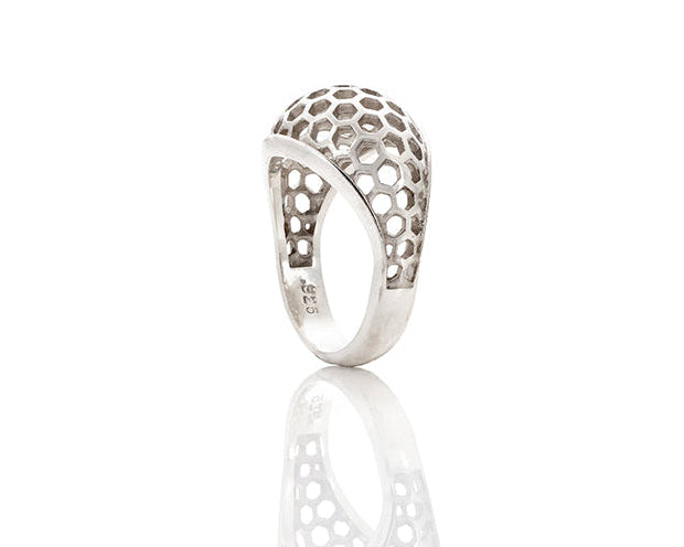dome ring, honeycomb ring, everyday jewelry, peggy skemp jewelry, geometric ring, classic dome ring, art from nature, sweet gift, honeycomb, chemistry, biology, science ring, r hanel photo, animal architecture, sweet ring, honeycombs, geometric dome ring, driftless, made in the usa, wisconsin made