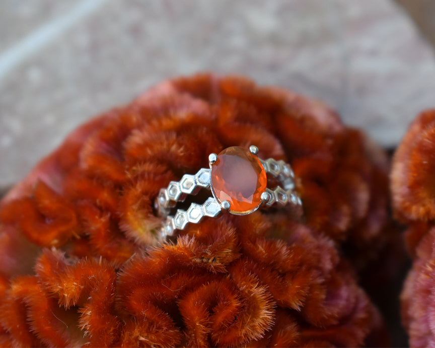 mexican fire opal honeycomb ring, faceted opal, red opal, peggy skemp jewelry, honeycomb ring, perfect gift, one of a kind