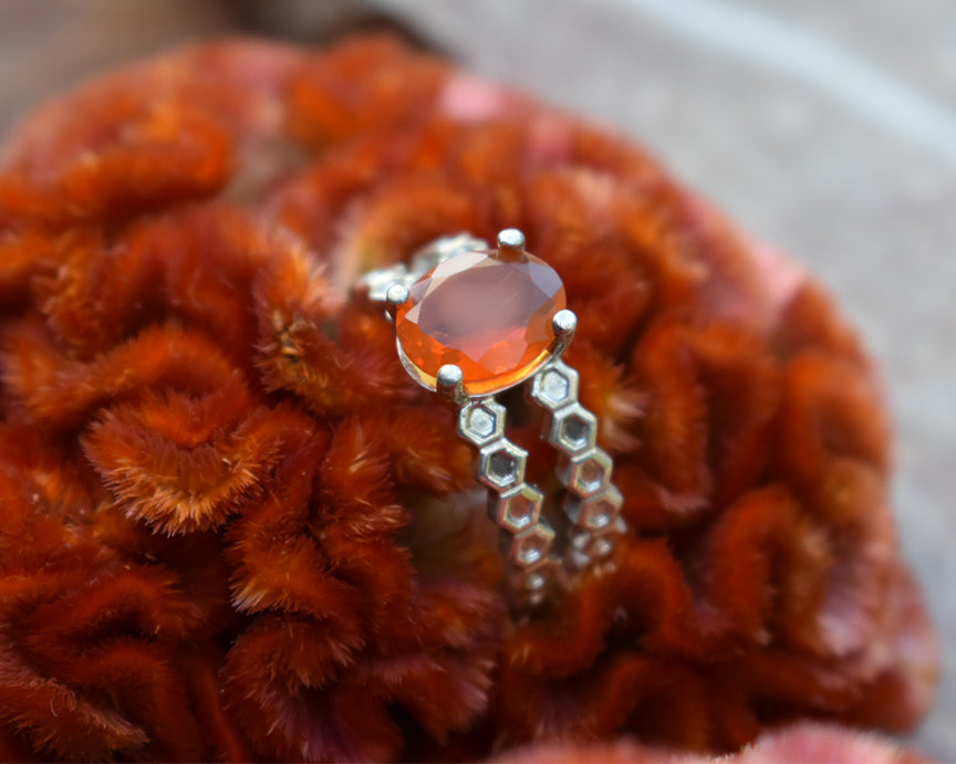 mexican fire opal honeycomb ring, faceted opal, red opal, peggy skemp jewelry, honeycomb ring, perfect gift, one of a kind