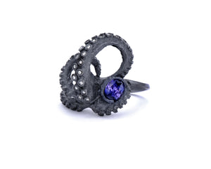 black silver tentacle ring with diamonds and oval color-change sapphire- purple, blue, pink color shift, unehated sapphire, alternative bridal, cephalopod, sculpture, art jewelry, peggy skemp jewelry, peggy skemp