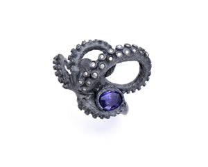 black silver tentacle ring with diamonds and oval color-change sapphire- purple, blue, pink color shift, unehated sapphire, alternative bridal, cephalopod, sculpture, art jewelry, peggy skemp jewelry, peggy skemp