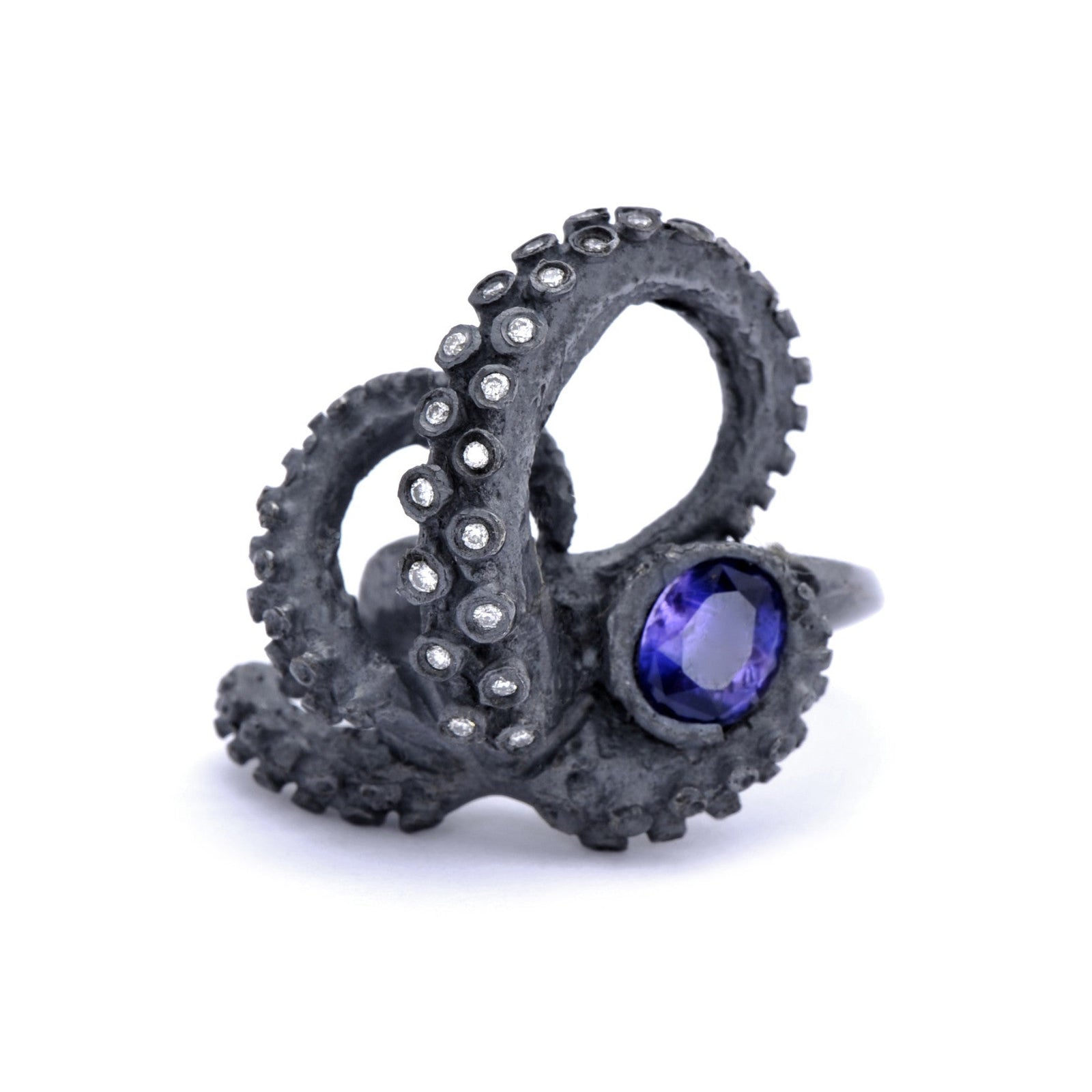 black silver tentacle ring with diamonds and oval color-change sapphire- purple, blue, pink color shift, unehated sapphire, alternative bridal, cephalopod, sculpture, art jewelry, peggy skemp jewelry, peggy skemp