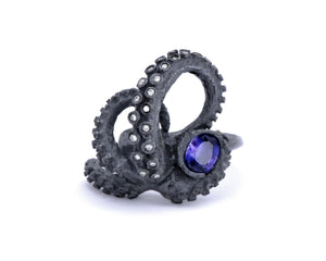 black silver tentacle ring with diamonds and oval color-change sapphire- purple, blue, pink color shift, unehated sapphire, alternative bridal, cephalopod, sculpture, art jewelry, peggy skemp jewelry, peggy skemp