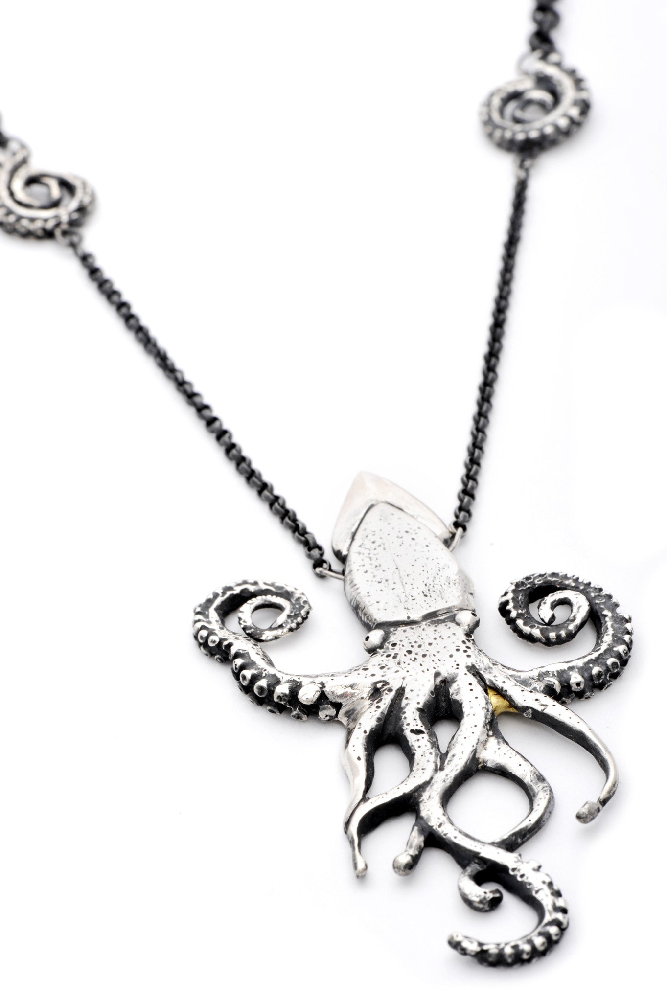 Octopus Vs. Squid set of necklace, ring and earrings that click together or can be worn seperately, commission for Jerry of the Misfits heavy metal band.